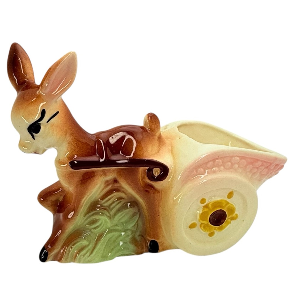 Vintage MCM Anthropomorphic Deer Planter Fawn Doe Pulling Cart 1950’s Pottery